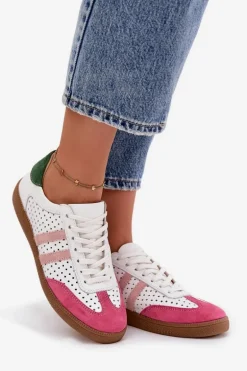 Skórzane Ażurowe Sneakersy Damskie Zazoo N1318 Biało-Różowe