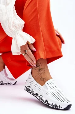 Skórzane Ażurowe Wsuwane Tenisówki Slip-On Białe Gedra