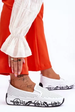 Skórzane Ażurowe Wsuwane Tenisówki Slip-On Białe Gedra