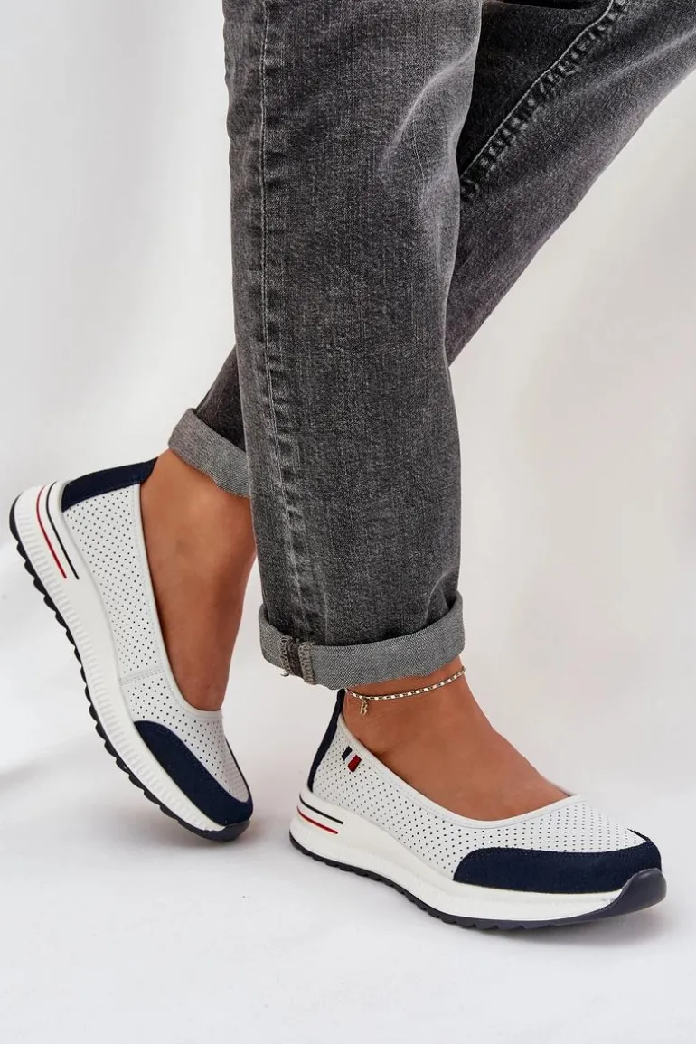 Skórzane Baleriny Na Koturnie Biało-Granatowe Nelviera