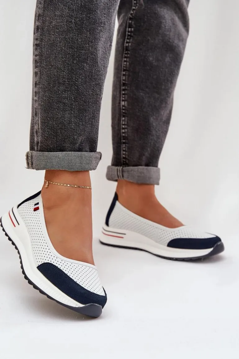 Skórzane Baleriny Na Koturnie Biało-Granatowe Nelviera