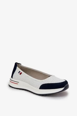 Skórzane Baleriny Na Koturnie Biało-Granatowe Nelviera