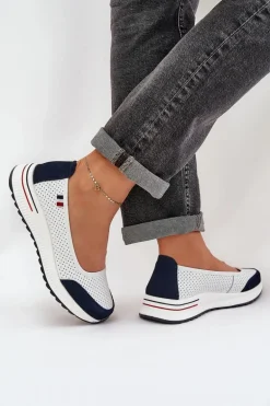 Skórzane Baleriny Na Koturnie Biało-Granatowe Nelviera