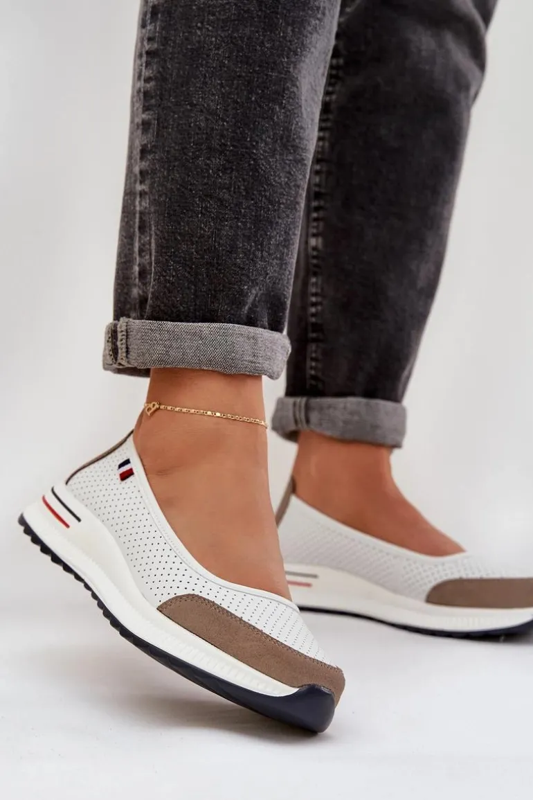 Skórzane Baleriny Na Koturnie Białe Nelviera