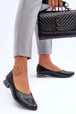 Skórzane Baleriny Na Płaskim Obcasie Czarne Vaani