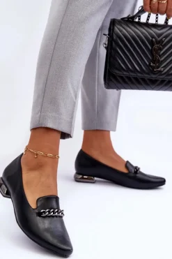 Skórzane Baleriny Na Płaskim Obcasie Z Łańcuchem Czarne Lanez