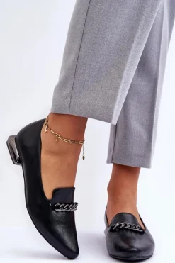 Skórzane Baleriny Na Płaskim Obcasie Z Łańcuchem Czarne Lanez