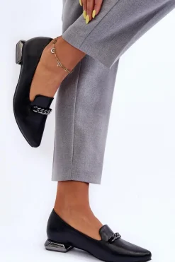 Skórzane Baleriny Na Płaskim Obcasie Z Łańcuchem Czarne Lanez