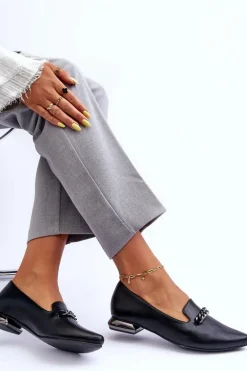 Skórzane Baleriny Na Płaskim Obcasie Z Łańcuchem Czarne Lanez