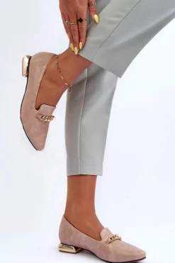 Skórzane Baleriny Na Płaskim Obcasie Z Łańcuchem Beżowe Lanez