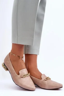 Skórzane Baleriny Na Płaskim Obcasie Z Łańcuchem Beżowe Lanez