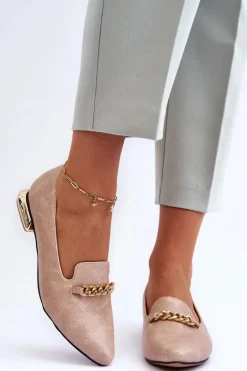 Skórzane Baleriny Na Płaskim Obcasie Z Łańcuchem Beżowe Lanez