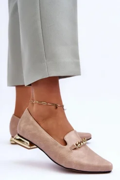 Skórzane Baleriny Na Płaskim Obcasie Z Łańcuchem Beżowe Lanez