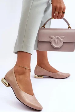 Skórzane Baleriny Na Płaskim Obcasie Beżowe Vaani