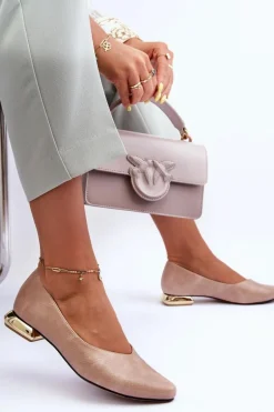 Skórzane Baleriny Na Płaskim Obcasie Beżowe Vaani