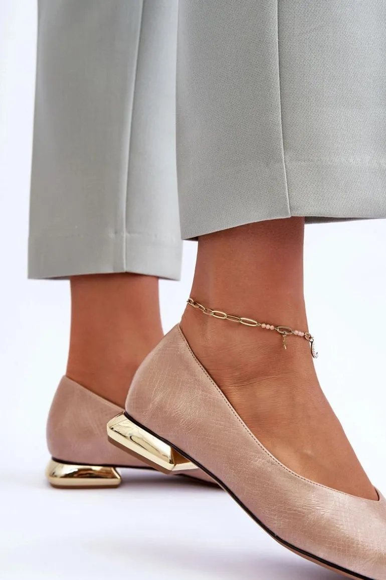 Skórzane Baleriny Na Płaskim Obcasie Beżowe Vaani