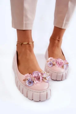 Skórzane Baleriny Na Platformie Z Kolorową Ozdobą Różowe Ladette