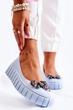 Skórzane Baleriny Na Platformie Z Ozdobą Niebieskie Ladette