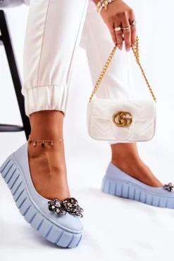 Skórzane Baleriny Na Platformie Z Ozdobą Niebieskie Ladette