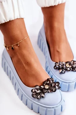 Skórzane Baleriny Na Platformie Z Ozdobą Niebieskie Ladette