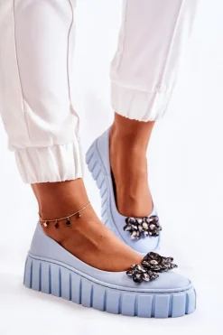 Skórzane Baleriny Na Platformie Z Ozdobą Niebieskie Ladette