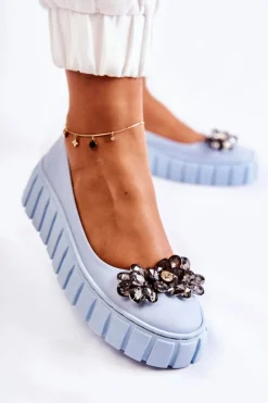 Skórzane Baleriny Na Platformie Z Ozdobą Niebieskie Ladette