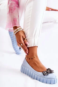 Skórzane Baleriny Na Platformie Z Ozdobą Niebieskie Ladette