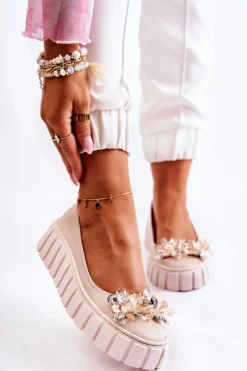 Skórzane Baleriny Na Platformie Z Ozdobą Beżowe Ladette