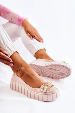 Skórzane Baleriny Na Platformie Z Ozdobą Beżowe Ladette