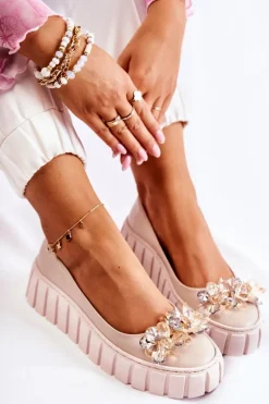 Skórzane Baleriny Na Platformie Z Ozdobą Beżowe Ladette