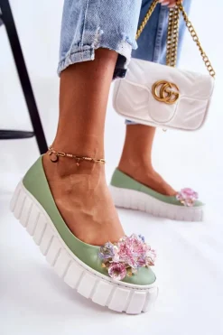 Skórzane Baleriny Na Platformie Z Kolorową Ozdobą Zielone Ladette