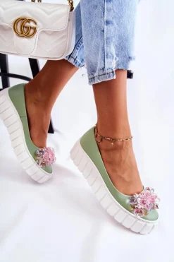 Skórzane Baleriny Na Platformie Z Kolorową Ozdobą Zielone Ladette