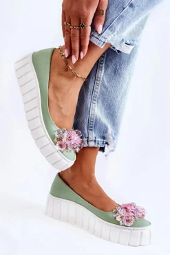 Skórzane Baleriny Na Platformie Z Kolorową Ozdobą Zielone Ladette