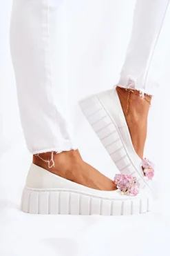 Skórzane Baleriny Na Platformie Z Kolorową Ozdobą Białe Ladette