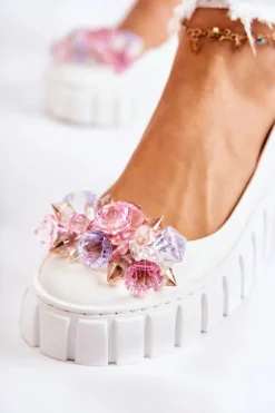 Skórzane Baleriny Na Platformie Z Kolorową Ozdobą Białe Ladette