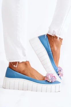 Skórzane Baleriny Na Platformie Z Ozdobą Niebiesko-Białe Ladette