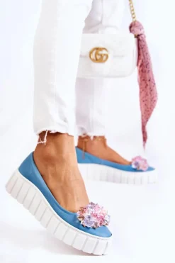 Skórzane Baleriny Na Platformie Z Ozdobą Niebiesko-Białe Ladette