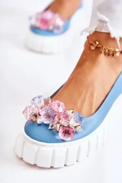 Skórzane Baleriny Na Platformie Z Ozdobą Niebiesko-Białe Ladette