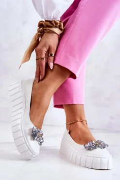 Skórzane Baleriny Na Platformie Z Ozdobą Białe Ladette