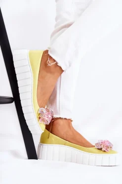 Skórzane Baleriny Na Platformie Z Kolorową Ozdobą Żółte Ladette