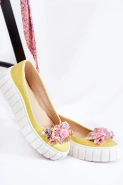 Skórzane Baleriny Na Platformie Z Kolorową Ozdobą Żółte Ladette