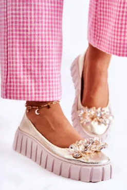 Skórzane Baleriny Na Platformie Z Ozdobą Złote Ladette