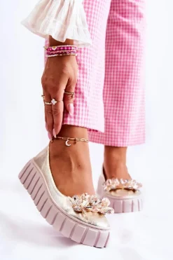 Skórzane Baleriny Na Platformie Z Ozdobą Złote Ladette