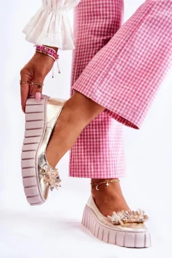 Skórzane Baleriny Na Platformie Z Ozdobą Złote Ladette