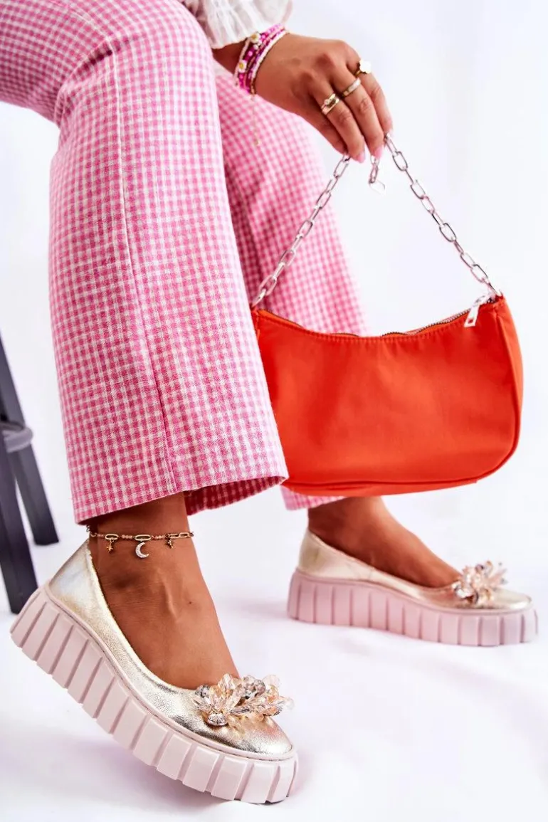 Skórzane Baleriny Na Platformie Z Ozdobą Złote Ladette