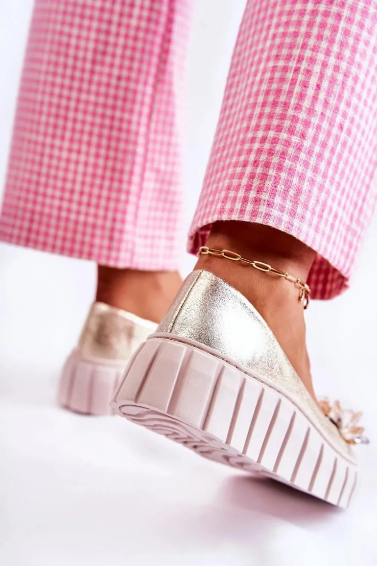 Skórzane Baleriny Na Platformie Z Ozdobą Złote Ladette