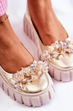 Skórzane Baleriny Na Platformie Z Ozdobą Złote Ladette