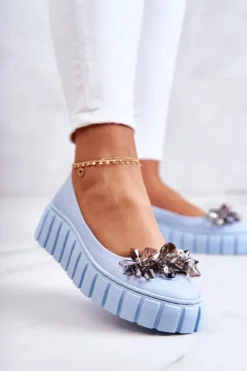 Skórzane Baleriny Na Platformie Z Ozdobą Jasnoniebieskie Ladette