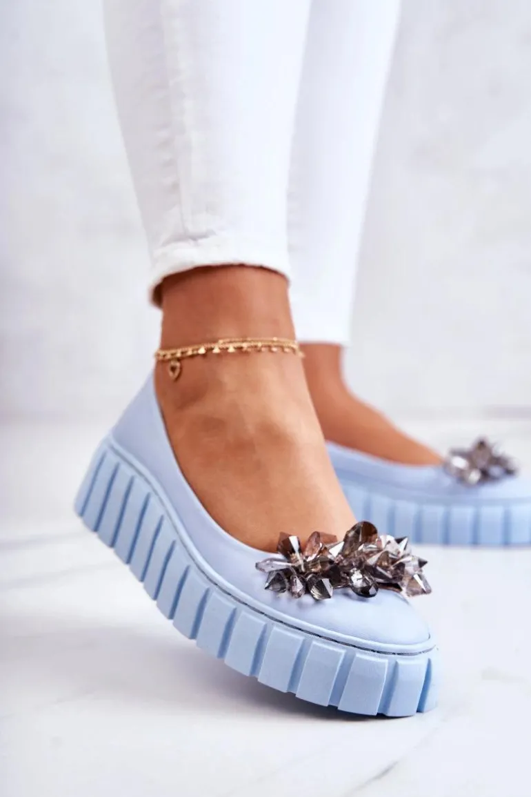 Skórzane Baleriny Na Platformie Z Ozdobą Jasnoniebieskie Ladette