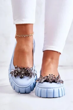 Skórzane Baleriny Na Platformie Z Ozdobą Jasnoniebieskie Ladette
